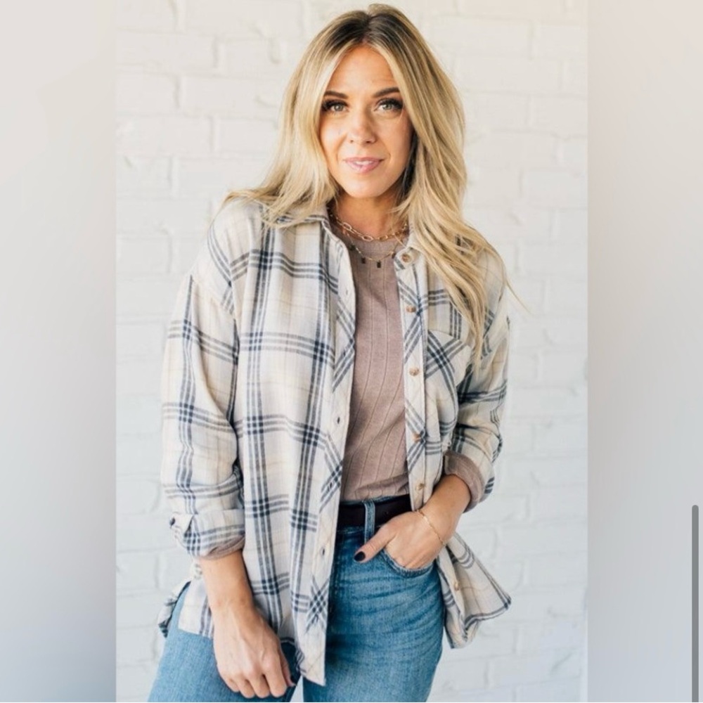 Be Cool Ultra Soft Grey/Beige Plaid Flannel Shirt